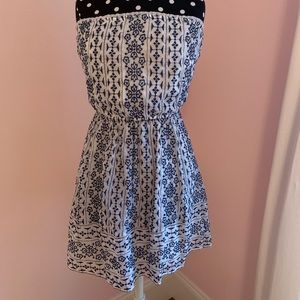 Blue & White Pattern Strapless Dress